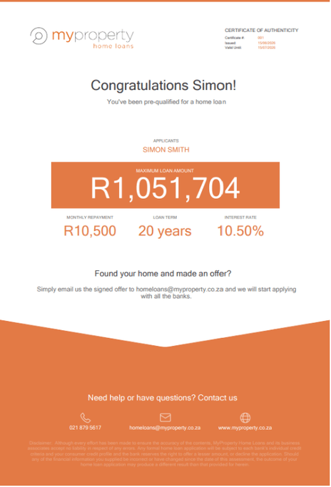 MyProperty home loan pre-qualification certificate